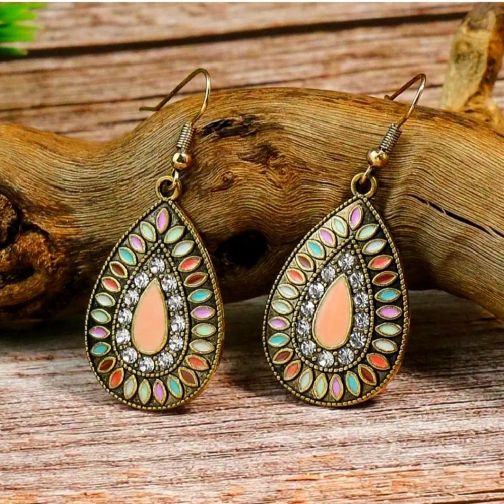 Pastel teardrop Bohemian mandala pink earrings